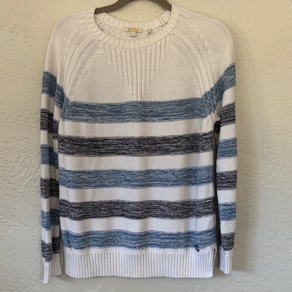 Barbour Women’s 100% Cotton Knit White & Blue Striped Pullover Sweater 12